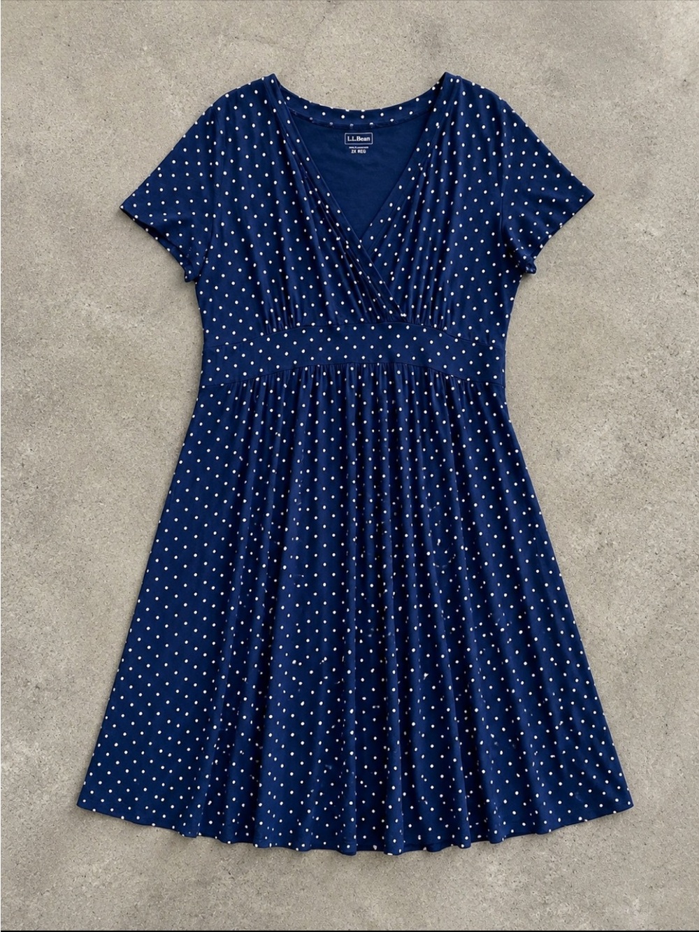 L.L.Bean Summer Knit Dress 2X Navy Polka Dot Wrap V Neck Fit Flare Office Classc